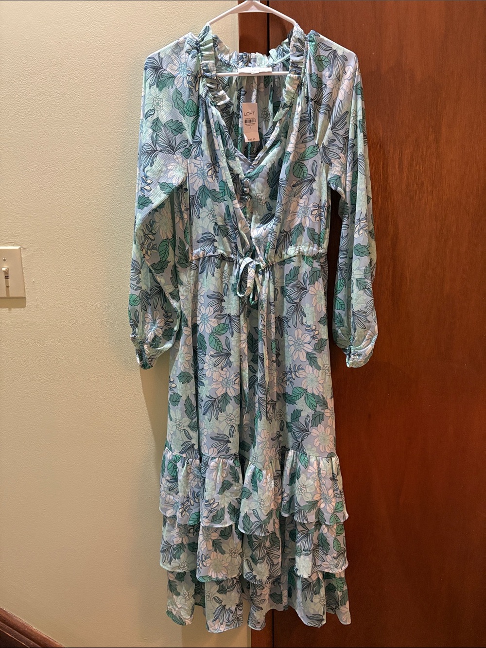 LOFT Light Blue and Green Floral Tiered Maxi Dress